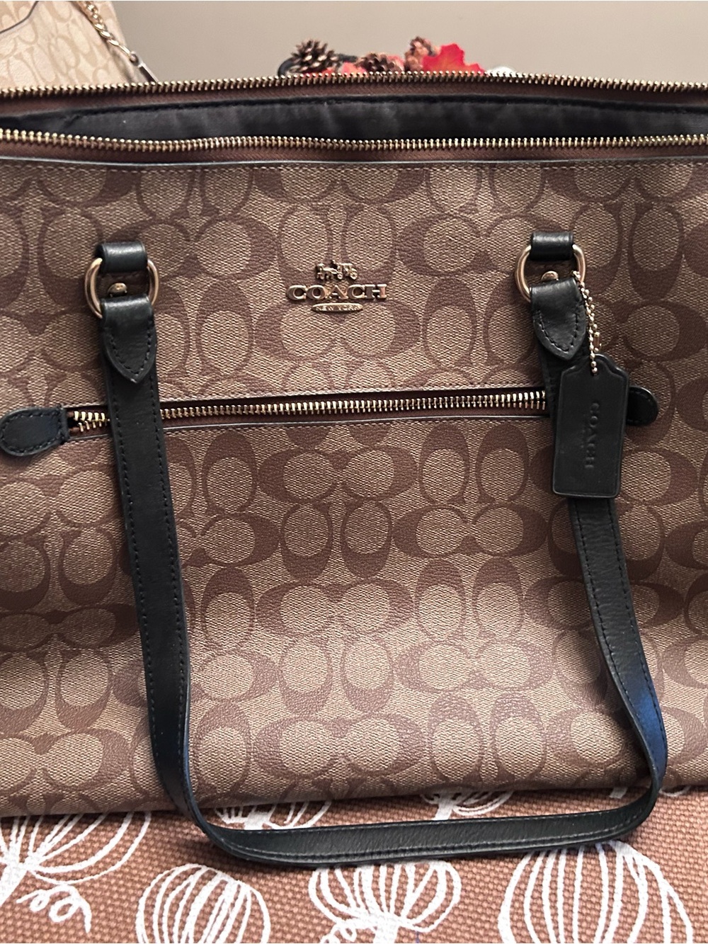 Coach Brown Signature Canvas Tote with Black Straps
